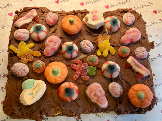 Chocolate brownie with candy  Halloween decorations 
